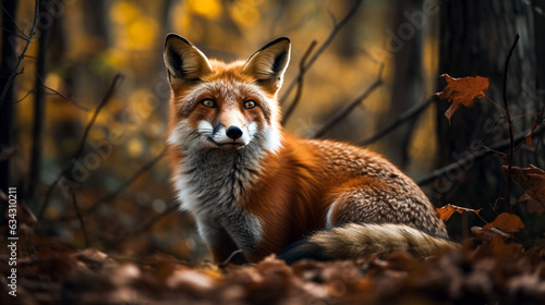 Cautious fox stopped at the edge of the forest in autumn leaves