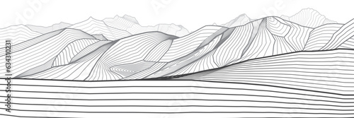 Mountains gray outline illustration.  Hills landscape. Sand dunes. Abstract lines image. Vector design art