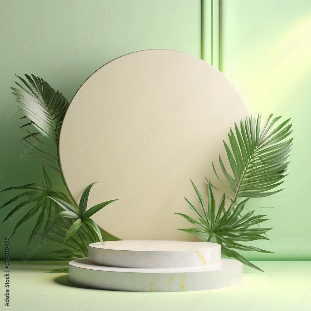 Round pastel podium and palm leaf, Abstract minimal geometric shapes background, Aesthetic summer dais concept and shadows on the wall, 3D Modern design for product showcase display, AI generated. Round pastel podium and palm leaf, Abstract minimal geometric shapes background, Aesthetic summer dais concept and shadows on the wall, 3D Modern design for product showcase display, AI generated.