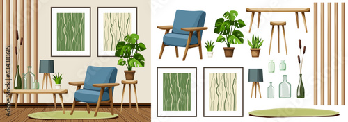 Living room interior with an armchair, wooden slats, abstract paintings, and a monstera plant. Modern interior design. Furniture set. Interior constructor. Cartoon vector illustration