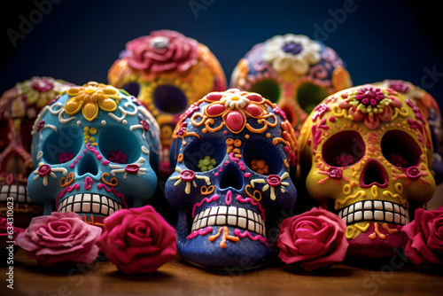 Festive Dia de Muertos with a close-up shot of intricately decorated sugar skulls, capturing the essence of Mexican tradition and remembrance. Ai generated