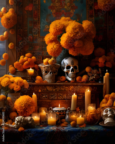 Dia de Muertos artwork featuring a beautiful ofrenda (altar) adorned with marigold flowers, candles, and favorite offerings for honoring the departed. Ai generated photo