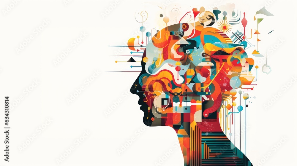 Abstract profile of a human head and consciousness with physical and chemical structures in the head, Person creative mind, Psychic waves concept, Generative AI illustration
