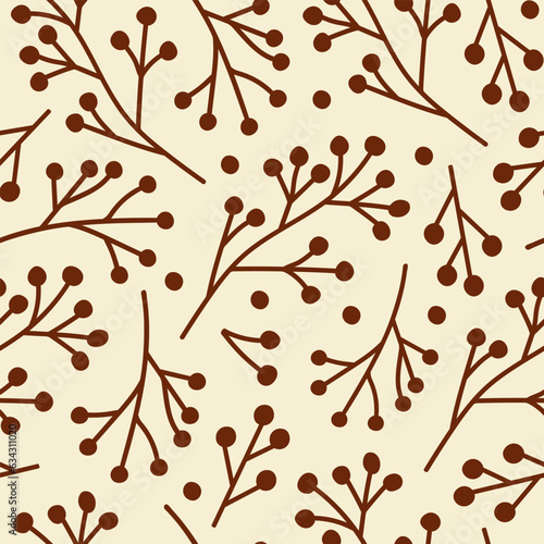 Abstract seamless pattern with brown branches berries on a beige background . Monochrome design  for textile, prints, wrapping paper. Vector illustration