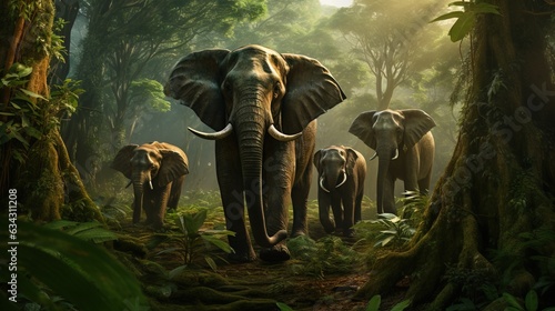  a herd of elephants walking through a lush green forest filled with trees.  generative ai
