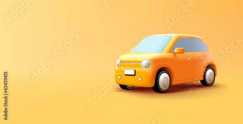 Fotobehang Yellow car retro vintage model 3d illustration, cartoon style cute vehicle