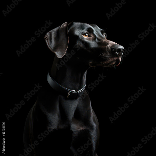 Portrait photo of the purebred black dog with a leather collar, on a studio background.