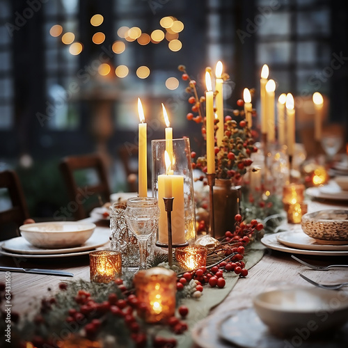 Festive decorated Christmas dinner table with candles at cozy bokeh background. Generative ai