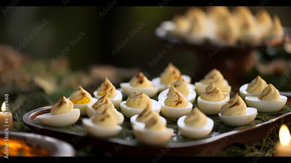 Deviled Eggs on wooden board Closeup view 