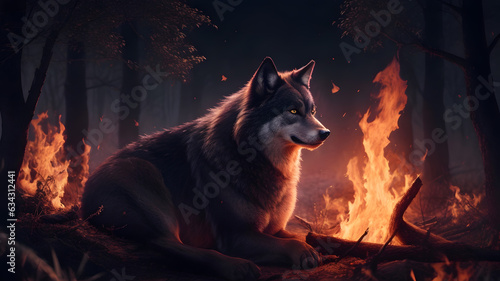 a dark wolf stay in under the moon on fire portrait realistic