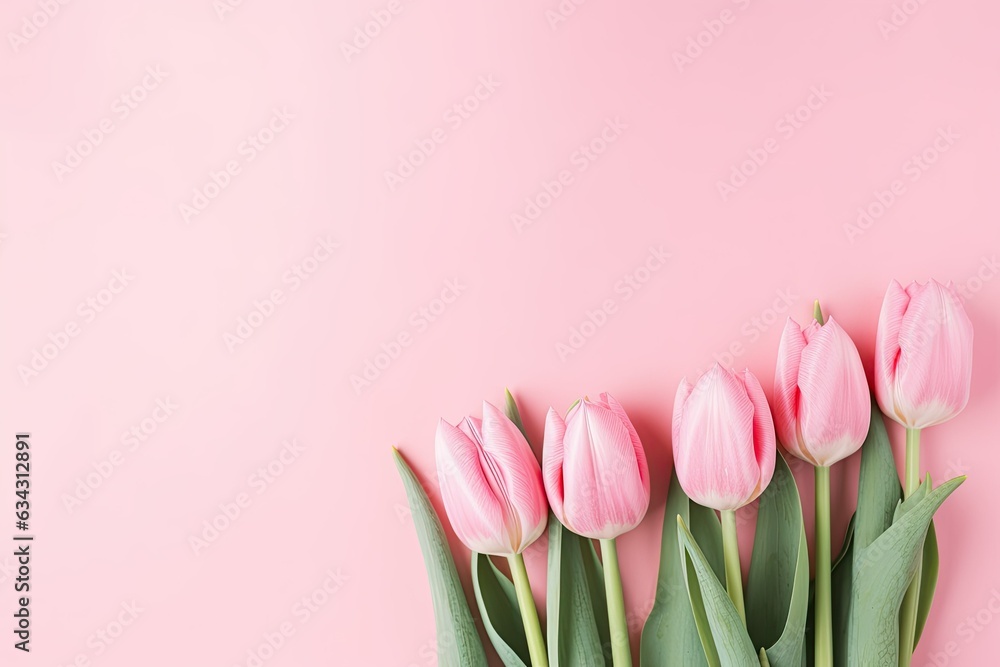 Fototapeta premium Exquisite Spring Floral Arrangement: Pink Tulip Bouquet on Pastel Pink Background. Perfect for Valentine's Day, Easter, Birthdays, and More!Generative AI