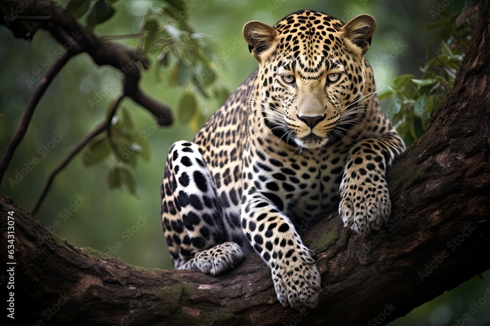 Jaguar In Tree Photo: Blink and You'll Miss It! A jaguar casually perched in the crook of a tree with gray bark and light green moss. Framed by green foliage, this stunning animal  Generative AI