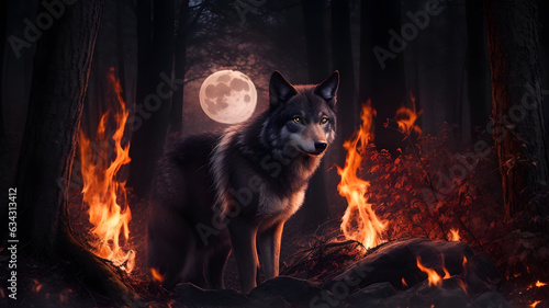 a dark wolf stay in under the moon on fire portrait realistic