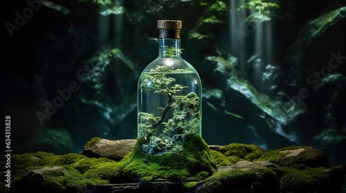  a bottle filled with water sitting on top of a moss covered ground. generative ai