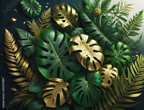 Image displaying a floral arrangement featuring tropical green leaves from Monstera, fern, and Eucalyptus plants, enhanced with gold glitter particles. Created with generative AI tools © Oleksii