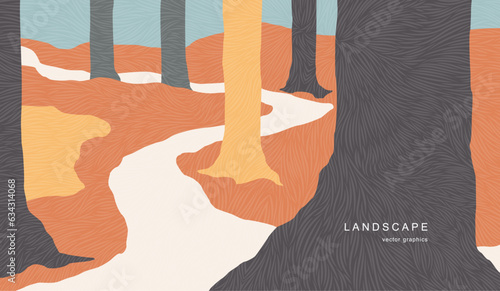 Modern landscape in a minimalist style. Autumn forest. Contemporary aesthetic poster. Vector poster