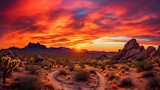  a sunset over a desert with rocks and a trail in the foreground.  generative ai