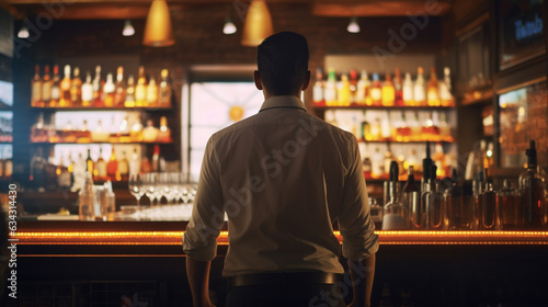 bartender standing in a bar, full of drinks, camera shot from back