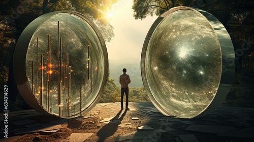Beyond the Looking Glass: A person stepping through a mirrored portal into an alternate reality, inviting viewers to contemplate new perspectives | generative AI photo