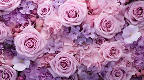  a close up of a bunch of pink roses and purple flowers.  generative ai