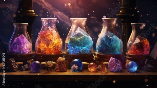 Crystal Alchemy: Alchemical symbols emerging from crystal formations, depicting the mystical transformation of elements | generative AI photo