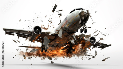 plane explosion with debris and parts heading down isolated on white background