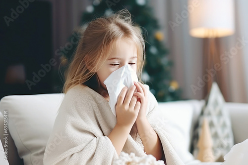 Kid indoors, holding a handkerchief, tackles a runny nose. Childhood sickness, flu depiction