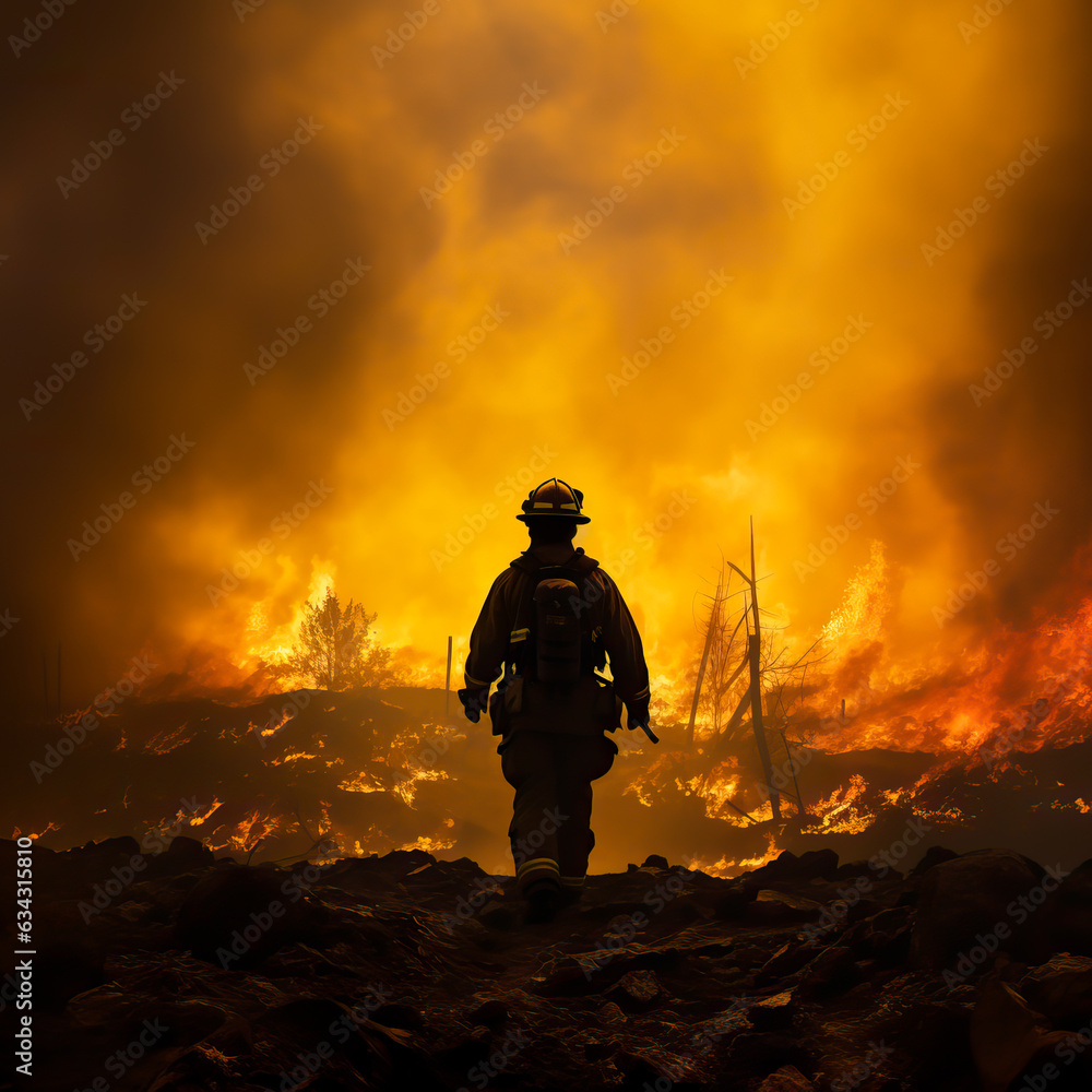 Firefighter or fire man standing near a forest fire, dark black smoke and large flames. Concept of firefighting, forest fires and fire fighting. Shallow field of view. Firefighter or fire man standing near a forest fire, dark black smoke and large flames. Concept of firefighting, forest fires and fire fighting. Shallow field of view.