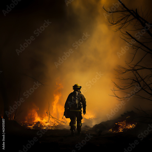 Firefighter or fire man standing near a forest fire, dark black smoke and large flames. Concept of firefighting, forest fires and fire fighting. Shallow field of view.