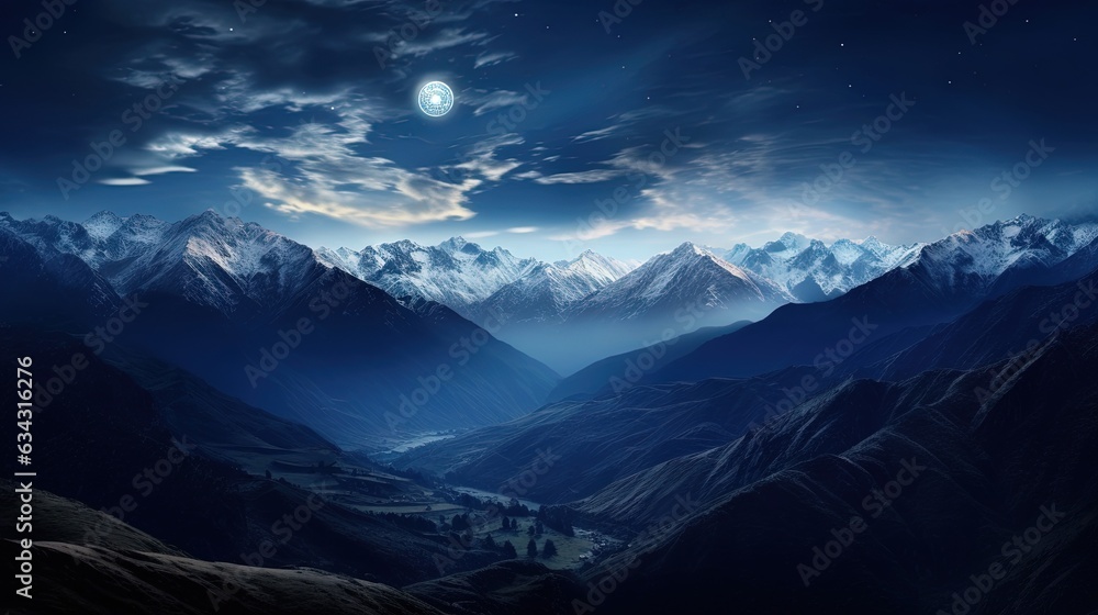 a view of a mountain range with a moon in the sky.  generative ai