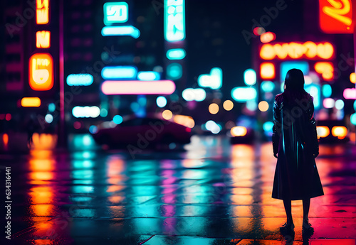 Woman walking down the street in Tokyo at night.Generative AI