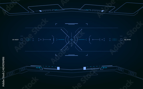 HUD futuristic cockpit, aiming, drone interface screen element. High technology UI GUI template monitoring system display vector.