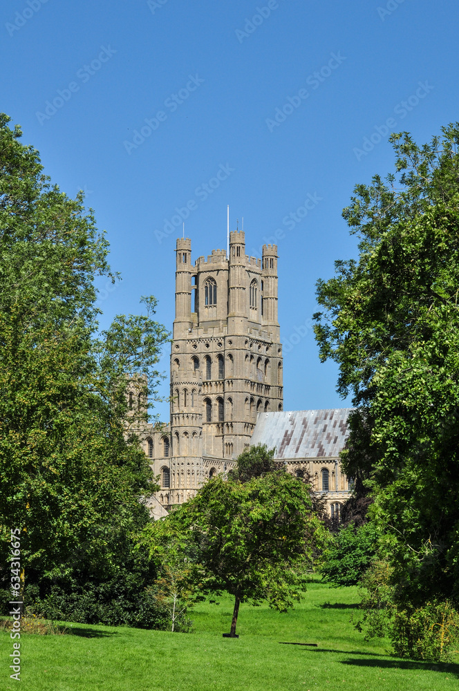 West Tower of Ely Cathedral and Trees in Summer