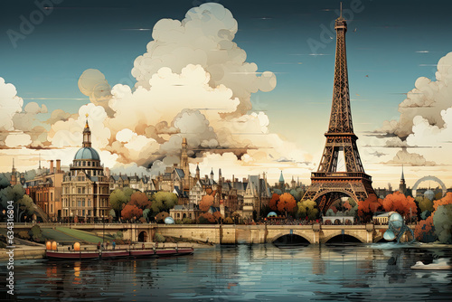 Illustration of the Paris embankment with the Eiffel Tower in the background, large white clouds over the city
