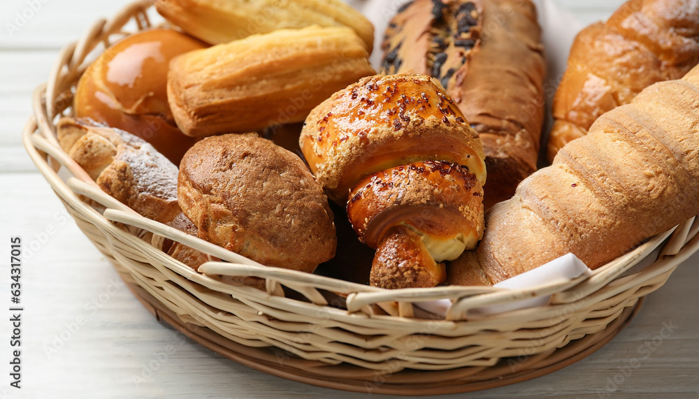 Wicker basket with different tasty freshly baked pastries on white wooden table, closeup