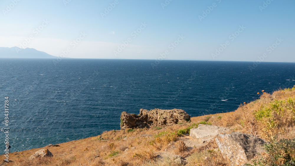 Seascape from ancient Kalekoy castle with Greek Island Samothrace view- turkish aegean island Gokceada (Imbros) Canakkale, Turkey