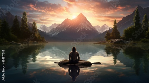 Transcendent Reflections: A person meditating beside a tranquil lake, with their reflection transforming into various serene scenes | generative AI