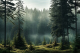 Misty fir forest spectacular landscape with fantastic weather phenomenon.