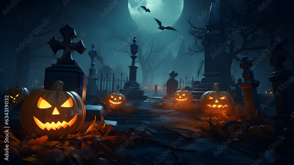 Fototapeta premium Halloween festival and pumpkins in the cemetery on a night with ghosts in the night - Halloween background