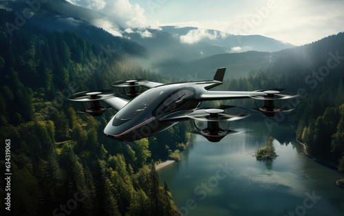 Sleek advanced air mobility eVTOL aircraft performing a long range regional flight over a natural park photo