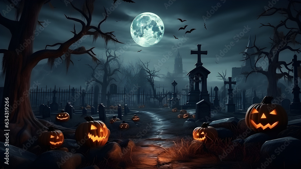 Halloween festival and pumpkins in the cemetery on a night with ghosts in the night - Halloween background