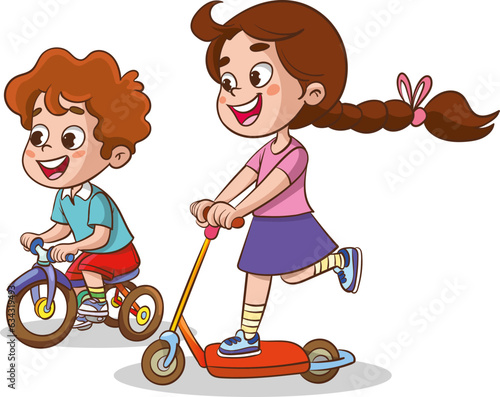 vector illustration of cute kids riding bike and scooter
