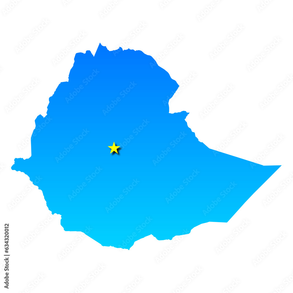 Blue Map of Ethiopia and its capital city of Addis Ababa as a yellow star  shape Stock Vector