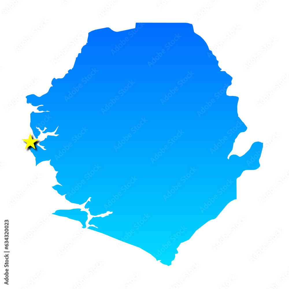 Blue Map of Sierra Leone and its capital city of Freetown as a yellow ...