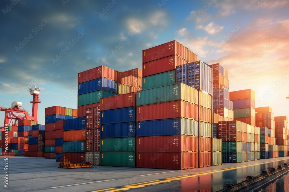 Stack of Containers Cargo Ship Import or Export in Harbor Port, Cargo Freight Shipping of Container Logistics Industry. Transport Distribution, Business Commercial Dock. Stack of Containers Cargo Ship Import or Export in Harbor Port, Cargo Freight Shipping of Container Logistics Industry. Transport Distribution, Business Commercial Dock.