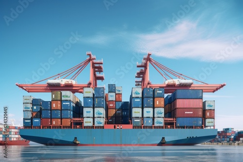 Stack of Containers Cargo Ship Import or Export in Harbor Port, Cargo Freight Shipping of Container Logistics Industry. Transport Distribution, Business Commercial Dock.