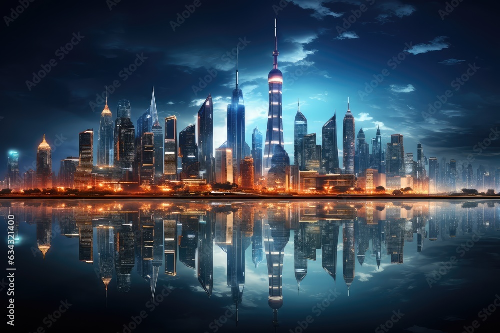 Futuristic city skyline illuminated with neon lights - AI Generated