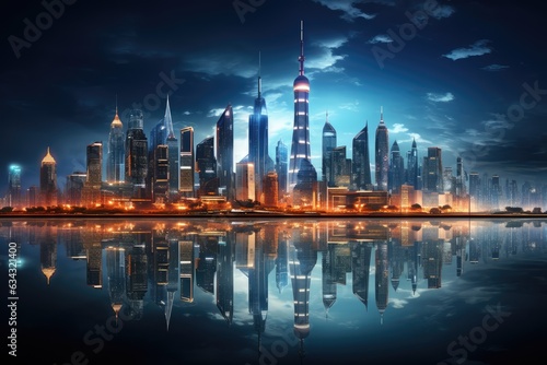 Futuristic city skyline illuminated with neon lights - AI Generated © Arthur