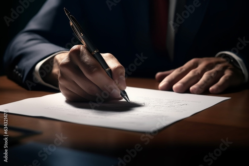 Close-up of a businessman's hand signing a profitable contract after reviewing the contract terms with a pen in hand on the table.