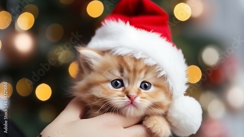 adorable kitty cat in santa claus hat in small girl hands on background Christmas festive blurred light 